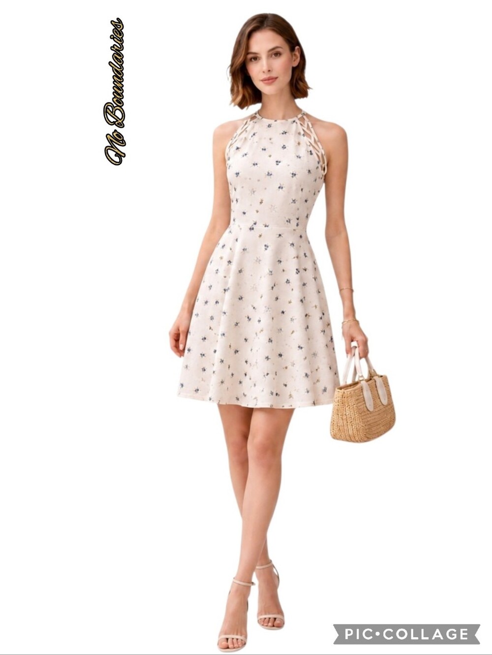 No Boundaries dress cream floral halter neckline fit n flair with flowing swing